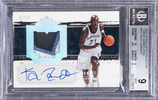 2003-04 UD "Exquisite Collection" Noble Nameplates #KG Kevin Garnett Signed Patch Card (#01/25) - BGS MINT 9/BGS 10
